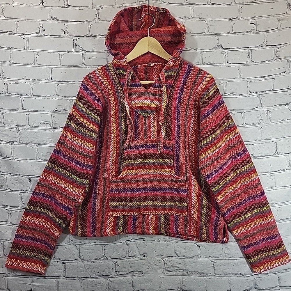 Rasta Baja Pullover Hoodie Long Sleeve Mexican Poncho Adults Size M Multicolor